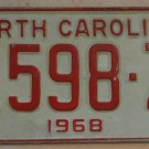 NOS 1968 North Carolina license plate 1598 Z  new old stock