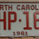 1981 North Carolina license plate YHP 163 with 1988 and 1989 stickers