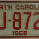 1968 North Carolina license plate DJ 8721