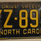 1961 North Carolina license plate YZ 899
