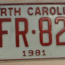 1981 North Carolina license plate YFR 826 with August 1990 stickers