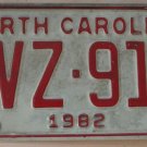 1982 North Carolina license plate YVZ 915 with November 1989 stickers