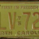 1975 North Carolina license plate KLV 722 with November 1985 stickers