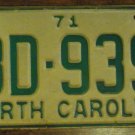 1971 North Carolina license plate BD 939