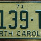 NOS 1971 North Carolina license plate 7139 TT new old stock