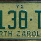 NOS 1971 North Carolina license plate 7138 TT new old stock
