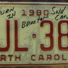 1980 North Carolina license plate WJL 385 with August 1987 stickers
