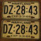 1964 Maryland license plate DZ 28 43 matching pair