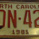 1981 YDN 429 North Carolina license plate with November 1985 stickers