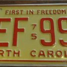 1975 JEF 995 North Carolina license plate with 1976 sticker