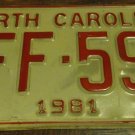 1981 YFF 599 North Carolina license plate with August 1987 stickers