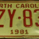 1981 XZY 831 North Carolina license plate with January 1988 stickers