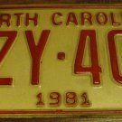 1981 XZY 400 North Carolina license plate with November 1987 stickers
