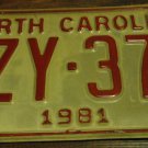 1981 XZY 371 North Carolina license plate with November 1987 stickers