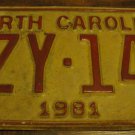 1981 XZY 146 North Carolina license plate with November 1989 stickers