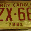 1981 XZX 680 North Carolina license plate with November 1987 stickers