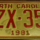 1981 XZX 351 North Carolina license plate with October 1987 stickers