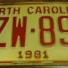1981 XZW 896 North Carolina license plate with October 1987 stickers