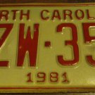 1981 XZW 357 North Carolina license plate with September 1987 stickers