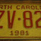1981 XZV 822 North Carolina license plate with September 1989 stickers
