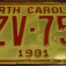 1981 XZV 751 North Carolina license plate with 1987 sticker