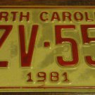 1981 XZV 559 North Carolina license plate with August 1987 stickers