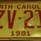 1981 XZV 214 North Carolina license plate with August 1986 stickers