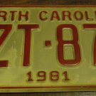 1981 XZT 872 North Carolina license plate with August 1987 stickers