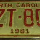 1981 XZT 804 North Carolina license plate with August 1987 stickers