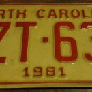 1981 XZT 637 North Carolina license plate with August 1987 stickers