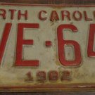 1982 YVE 645 North Carolina license plate with 1988 sticker