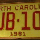 1981 YJB 102 North Carolina license plate with October 1985 stickers