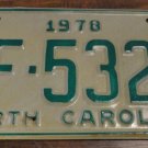 NOS 1978 HF 5328 North Carolina license plate new old stock
