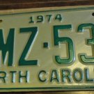 NOS 1974 BMZ 536 North Carolina license plate new old stock