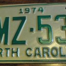 NOS 1974 BMZ 531 North Carolina license plate new old stock