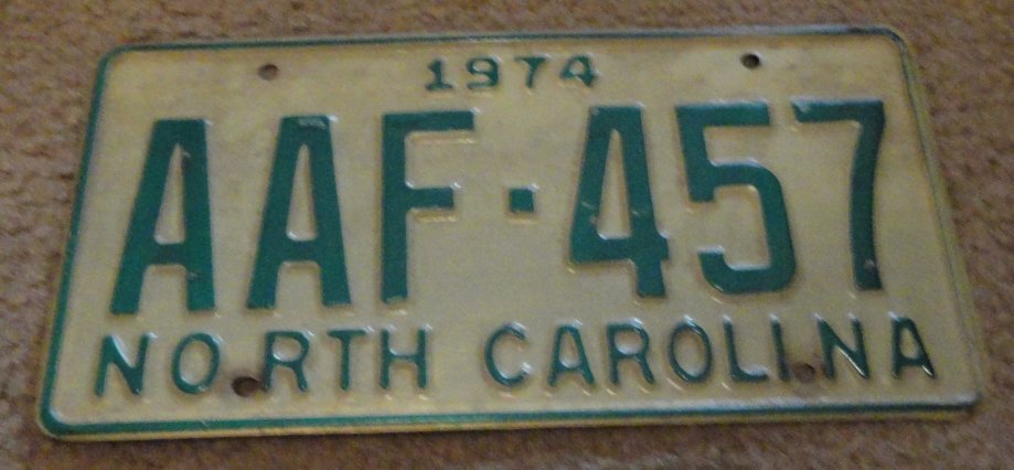 1974 North Carolina license plate AAF 457