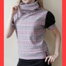 PAPAYA Plaid Cowl Neck Top with Puff Sleeves and Vintage Buttons - Large