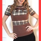 PAPAYA Yoke Plaid Top with Waistband, Vintage Buttons and Puff Sleeves - Small