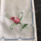 Antique Linen Cocktail Napkins Embroidered Flowers Stitched Blue Edges VTG New