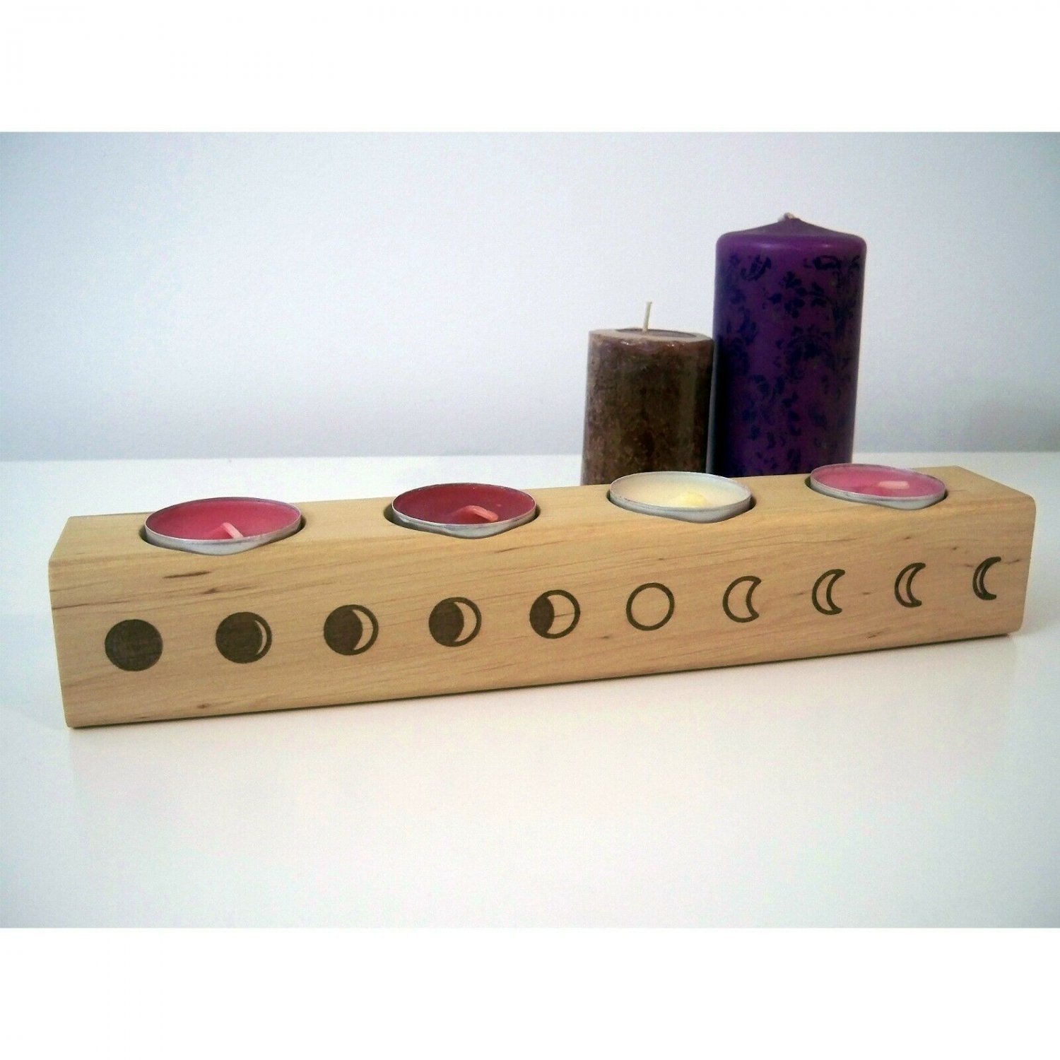 Wooden moon phase candlestick, &ETH;&iexcl;andlestick for 4 tea lights, Moon phase art