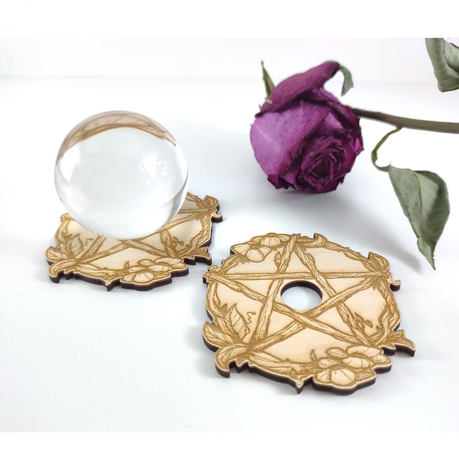 Wood stand for crystal sphere, Wicca sphere holder, Pentacle sphere holder