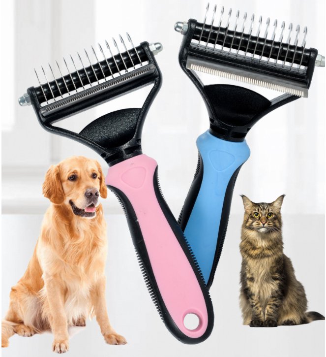 Professional Dog Comb Rake 2In1 Safe Double-Sided Handle Pet Grooming Brush For Mat Tangles Removing