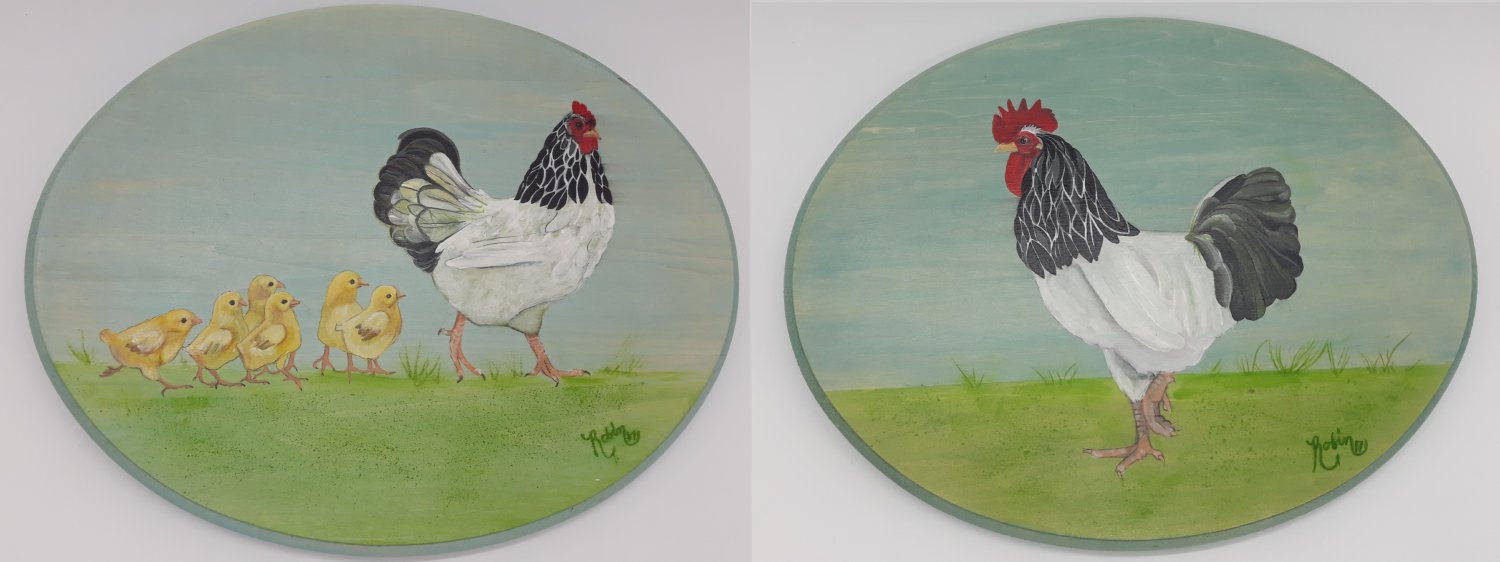 Artwork by Robin, "Brahma Chickens" Signed Acrylic Painting on 2 Wood Ovals