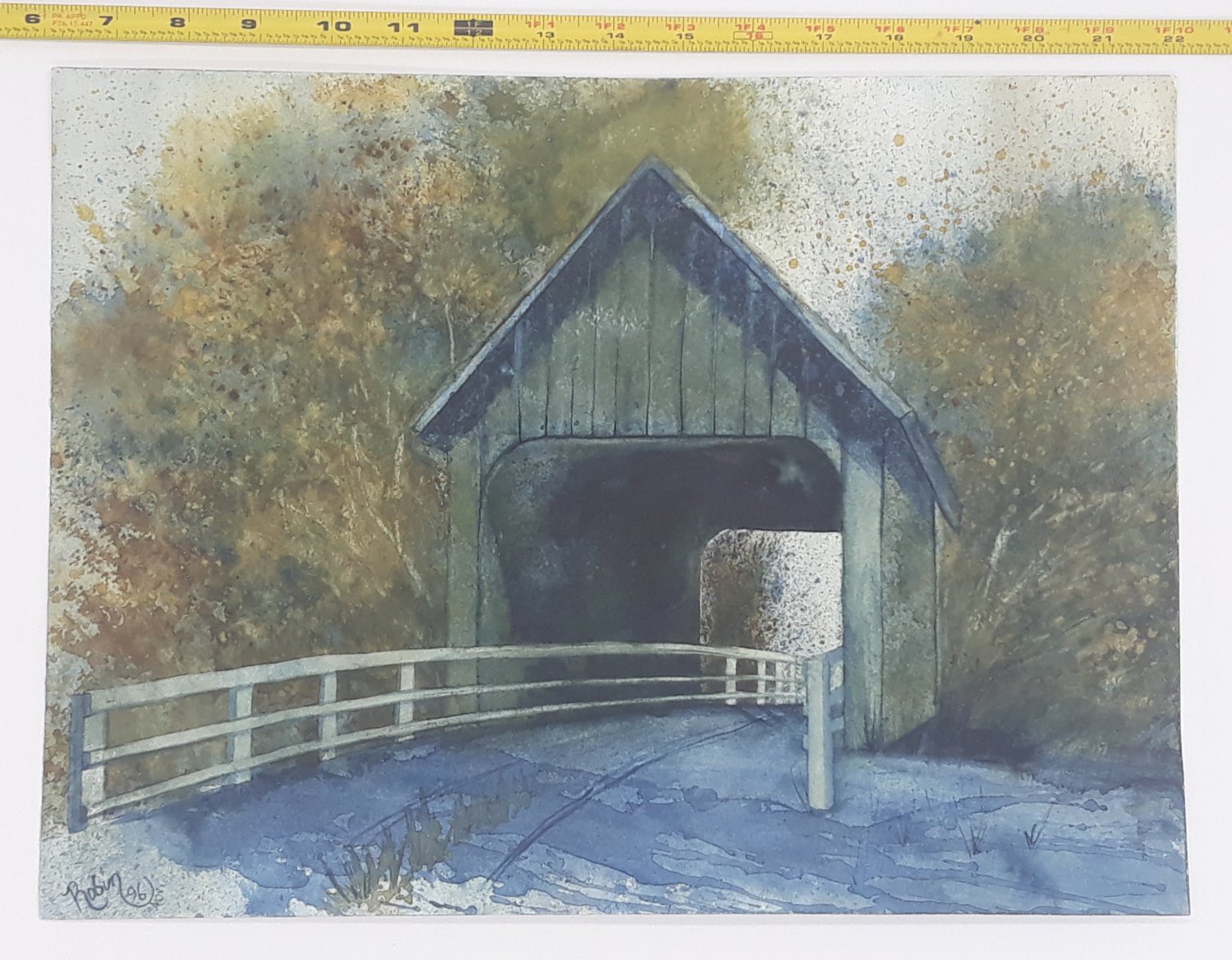 Artwork by Robin Covered Bridge Original Watercolor Painting 12 x 1 Signed 1996