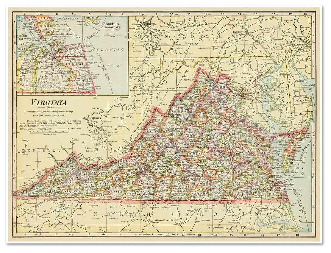 Virginia Atlas Map by George Cram circa 1915 - Inset Map of Norfolk ...