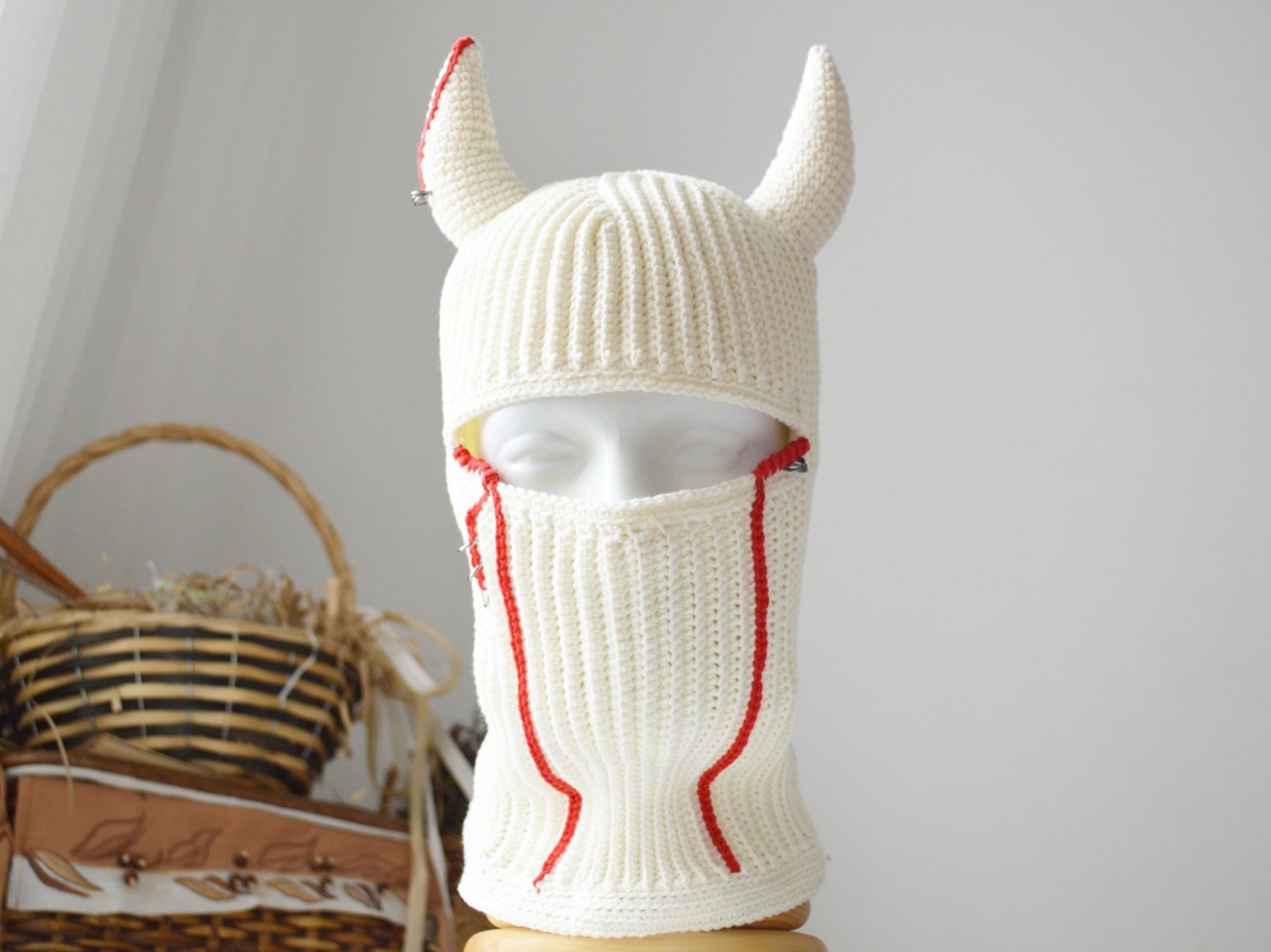 Custom devil horns ski mask hat. Crochet eyes balaclava