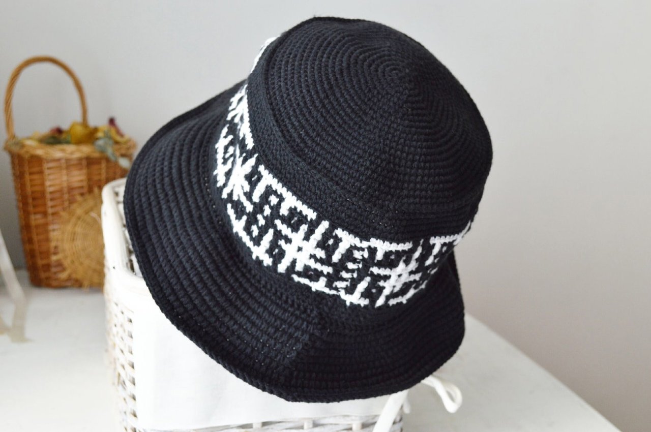 Custom crochet bucket hat women men hashtags print Black and white knit