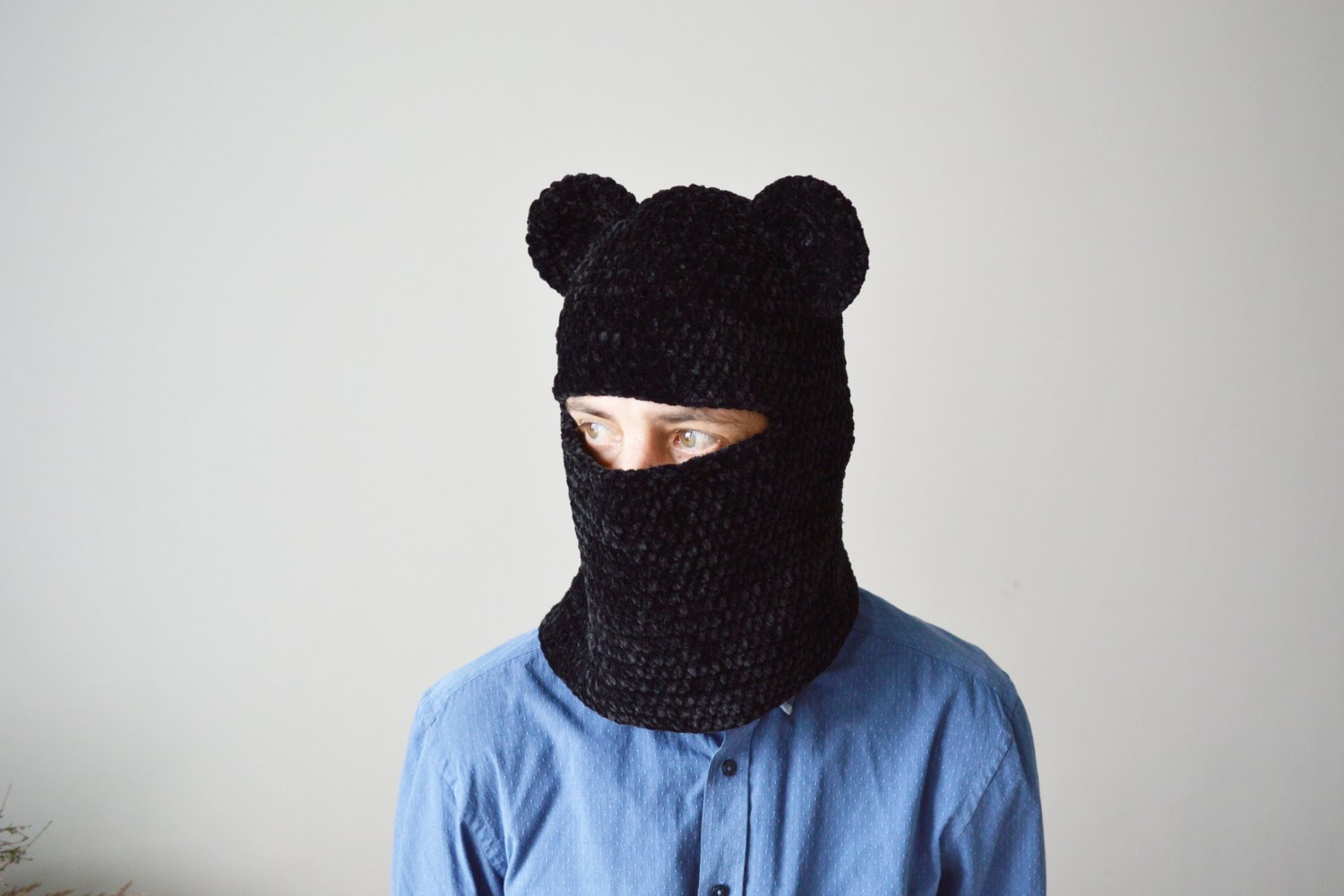 Black bear balaclava outfit street style men Crochet velvet ski mask girl aesthetic with ears
