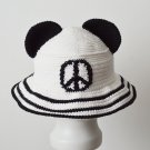 Panda crochet bucket hat embroidered peace symbol. Black white knit fisherman hat