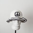 Crochet bucket hat men women embroidered peace symbol. Custom black white knit fisherman hat